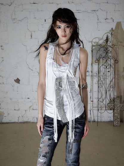 NO ROMANCE Punk Sequins Tassel Rhinestone Chain Faux Two Piece Women&