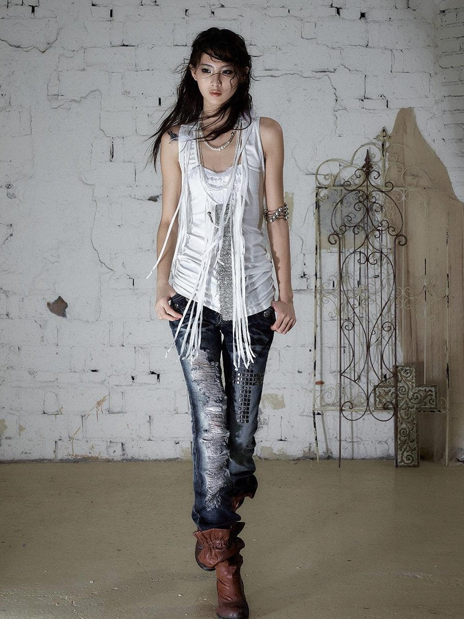 NO ROMANCE Punk Sequins Tassel Rhinestone Chain Faux Two Piece Women&