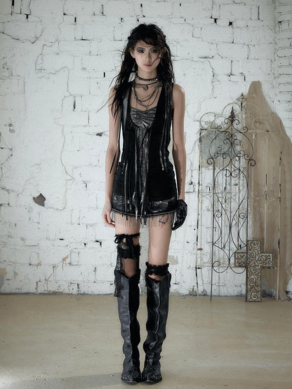 NO ROMANCE Punk Sequins Tassel Rhinestone Chain Faux Two Piece Women&