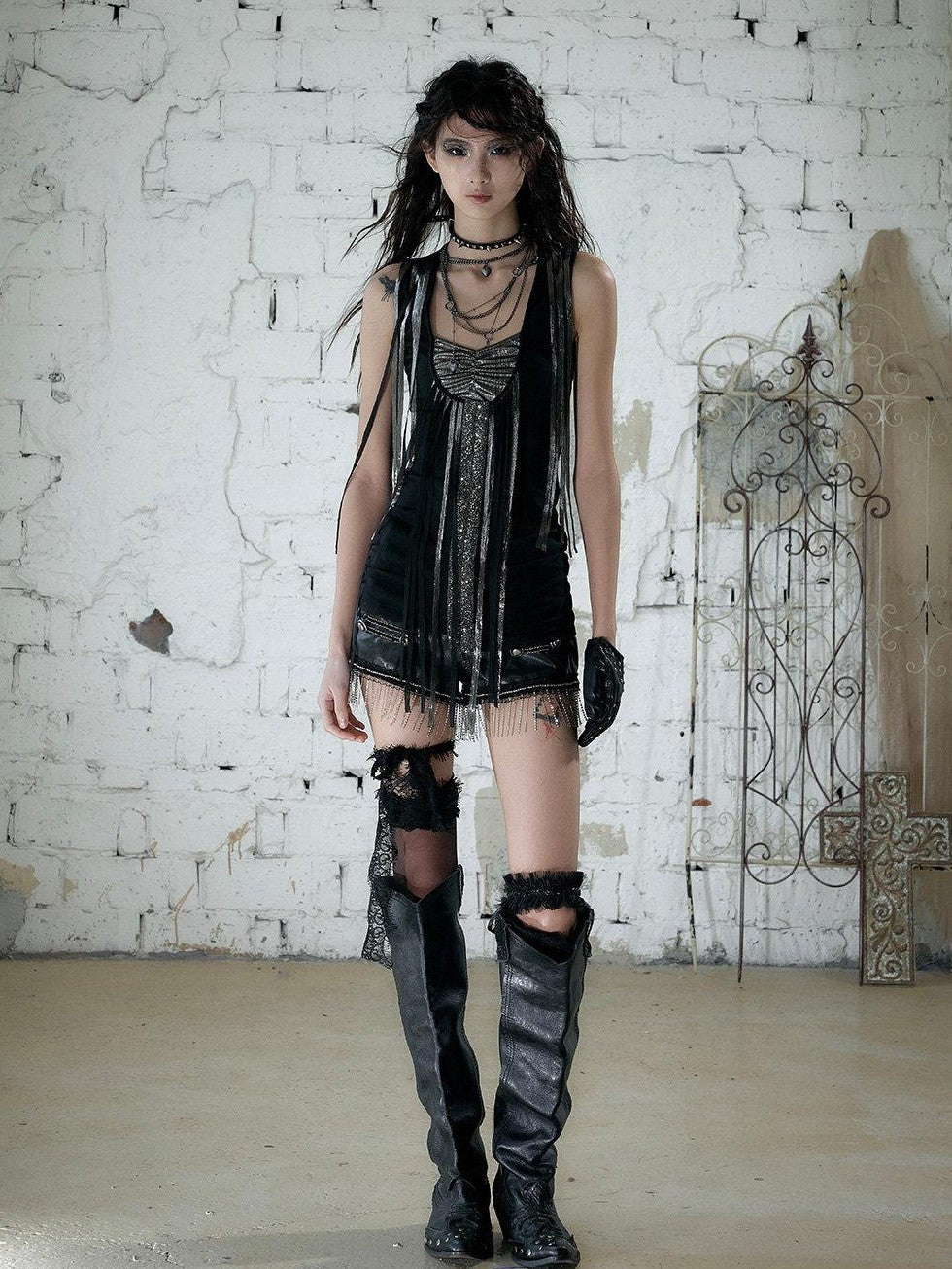 NO ROMANCE Punk Sequins Tassel Rhinestone Chain Faux Two Piece Women&