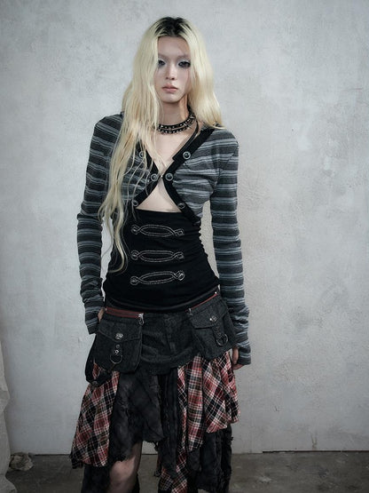 NO ROMANCE Punk Striped V-neck Faux Layered Slim Fit Knit Women&