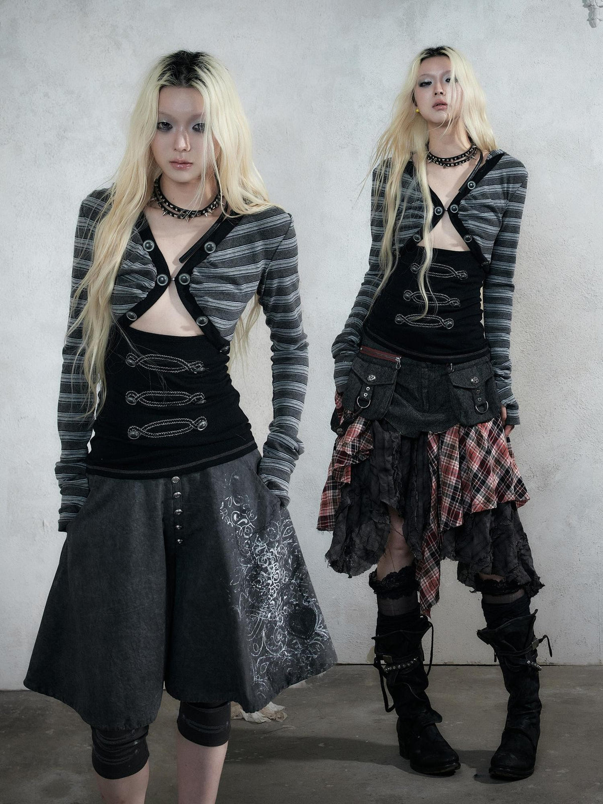 NO ROMANCE Punk Striped V-neck Faux Layered Slim Fit Knit Women&