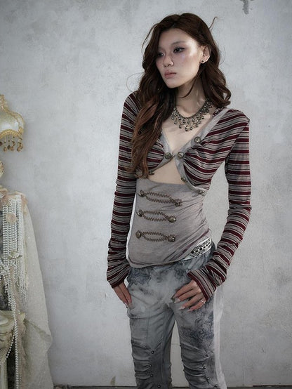 NO ROMANCE Punk Striped V-neck Faux Layered Slim Fit Knit Women&