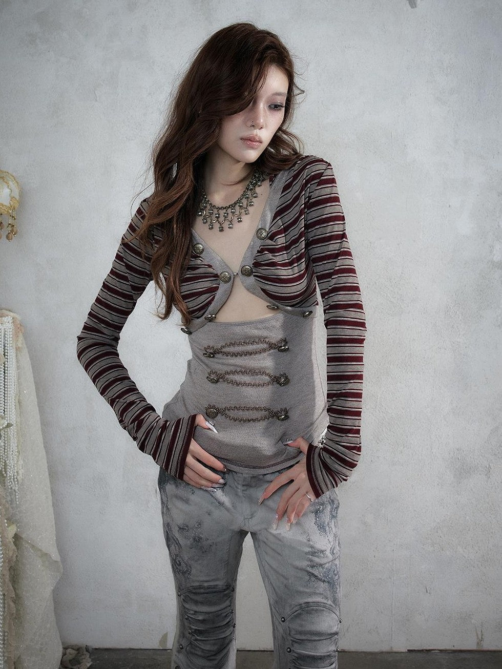 NO ROMANCE Punk Striped V-neck Faux Layered Slim Fit Knit Women&
