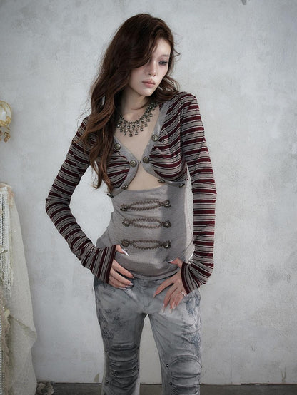 NO ROMANCE Punk Striped V-neck Faux Layered Slim Fit Knit Women&