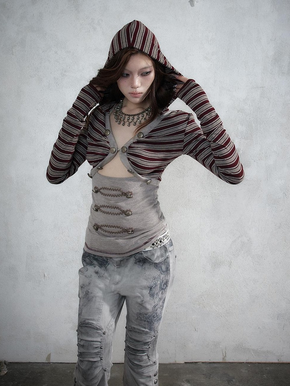 NO ROMANCE Punk Striped V-neck Faux Layered Slim Fit Knit Women&
