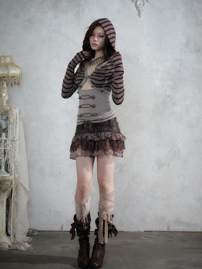 NO ROMANCE Punk Striped V-neck Faux Layered Slim Fit Knit Women&
