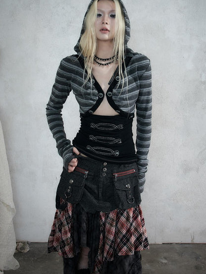 NO ROMANCE Punk Striped V-neck Faux Layered Slim Fit Knit Women&