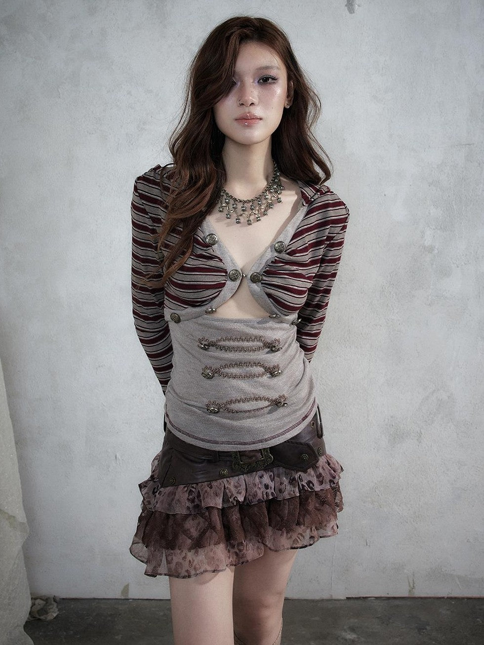 NO ROMANCE Punk Striped V-neck Faux Layered Slim Fit Knit Women&