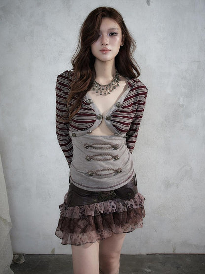 NO ROMANCE Punk Striped V-neck Faux Layered Slim Fit Knit Women&