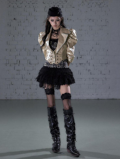 NO ROMANCE Punk Studded Metal Embellished Bubble Sleeve Cropped Women&