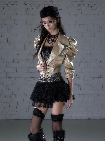 NO ROMANCE Punk Studded Metal Embellished Bubble Sleeve Cropped Women&