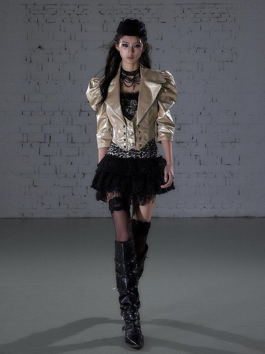 NO ROMANCE Punk Studded Metal Embellished Bubble Sleeve Cropped Women&