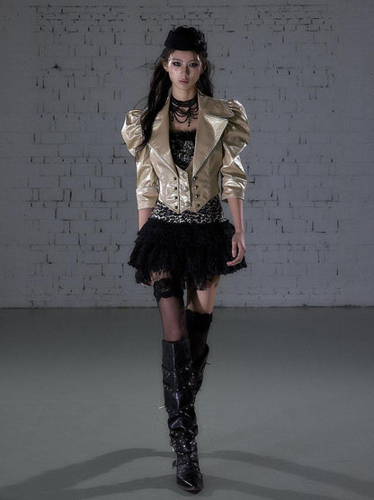 NO ROMANCE Punk Studded Metal Embellished Bubble Sleeve Cropped Women&
