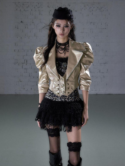 NO ROMANCE Punk Studded Metal Embellished Bubble Sleeve Cropped Women&