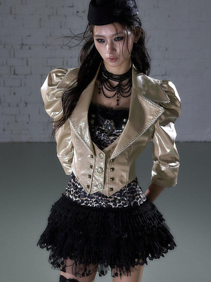 NO ROMANCE Punk Studded Metal Embellished Bubble Sleeve Cropped Women&