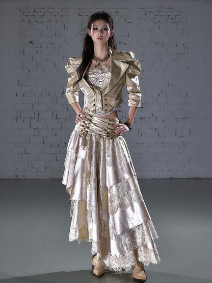 NO ROMANCE Punk Studded Metal Embellished Bubble Sleeve Cropped Women&