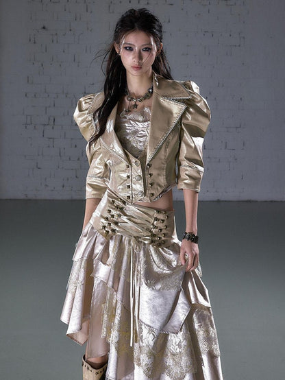 NO ROMANCE Punk Studded Metal Embellished Bubble Sleeve Cropped Women&