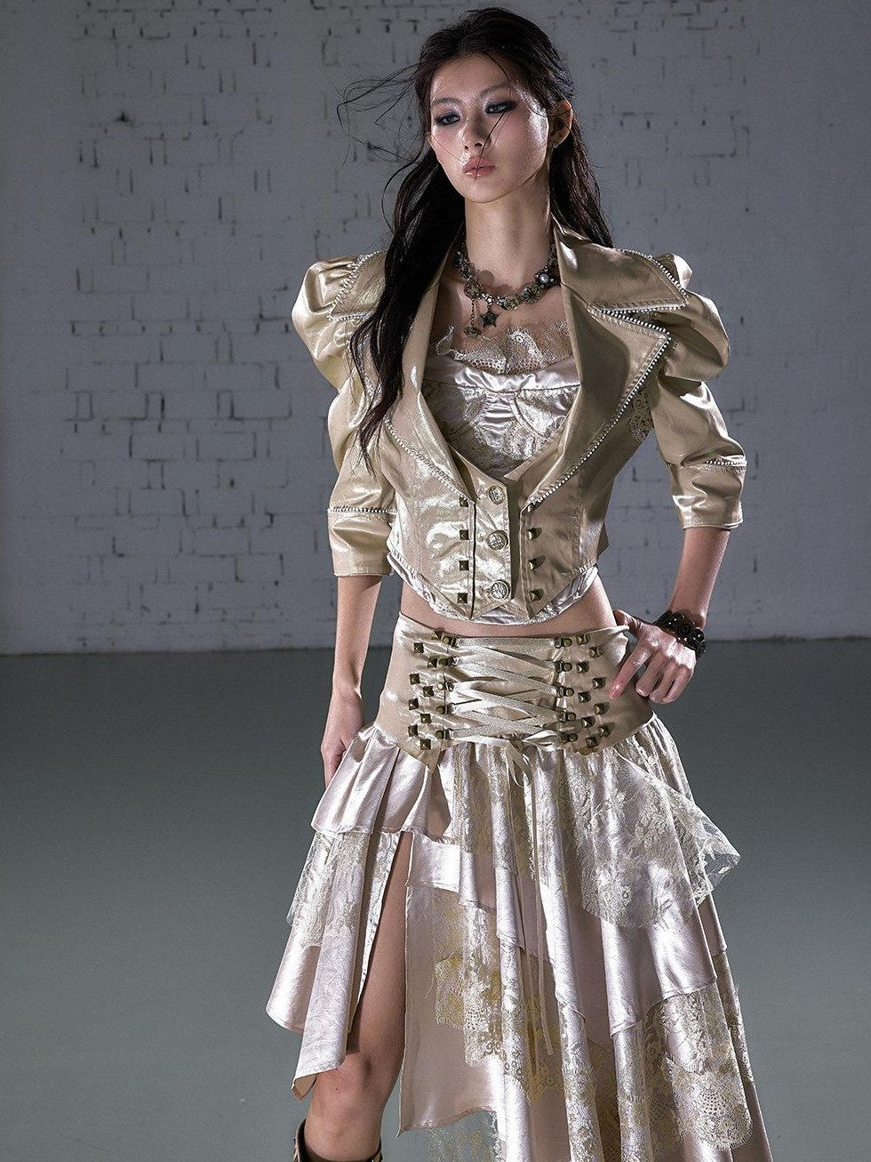 NO ROMANCE Punk Studded Metal Embellished Bubble Sleeve Cropped Women&