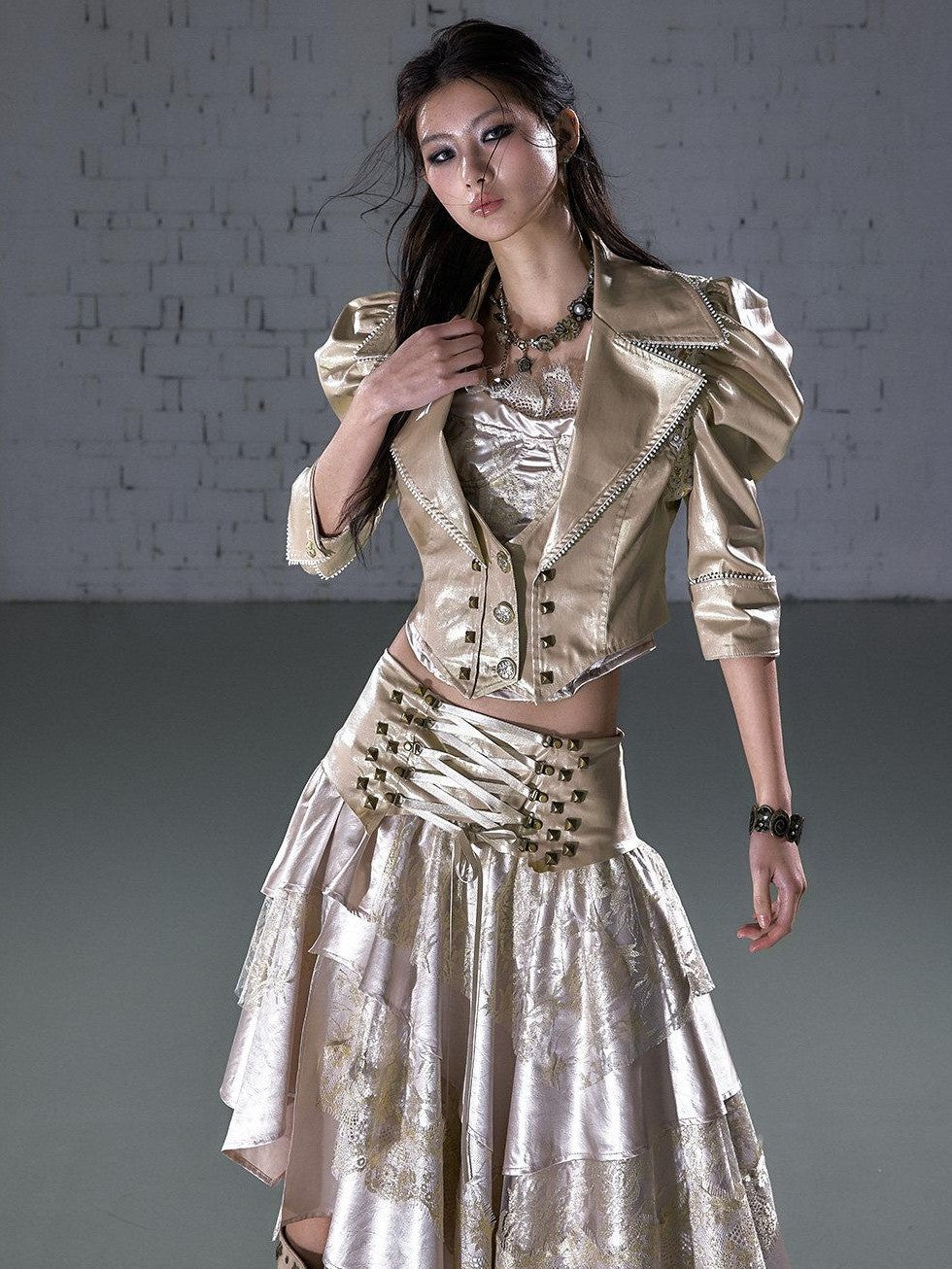 NO ROMANCE Punk Studded Metal Embellished Bubble Sleeve Cropped Women&