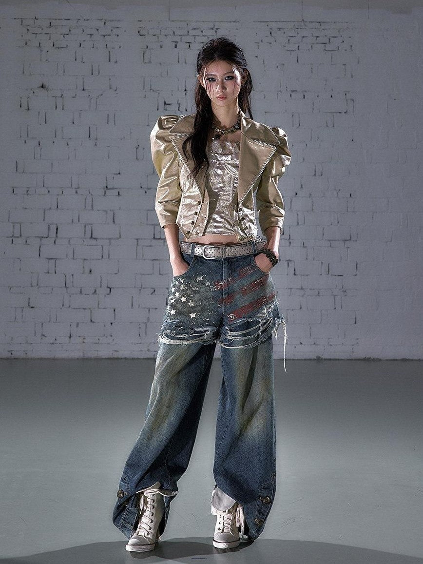 NO ROMANCE Punk Studded Metal Embellished Bubble Sleeve Cropped Women&