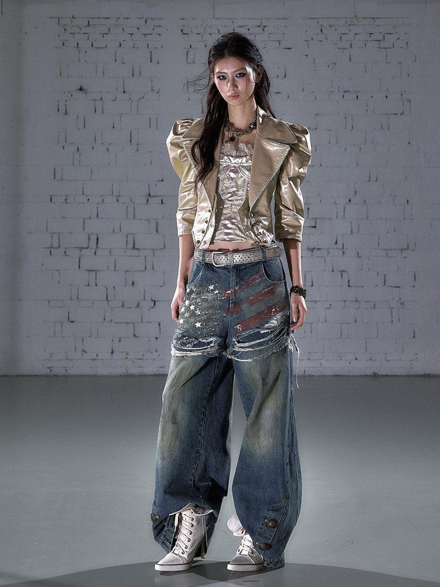 NO ROMANCE Punk Studded Metal Embellished Bubble Sleeve Cropped Women&