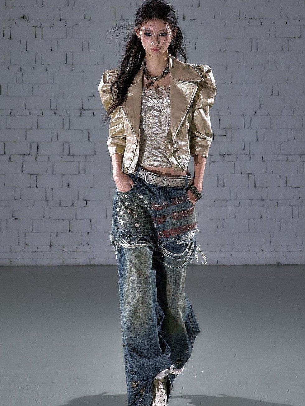 NO ROMANCE Punk Studded Metal Embellished Bubble Sleeve Cropped Women&