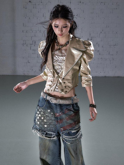 NO ROMANCE Punk Studded Metal Embellished Bubble Sleeve Cropped Women&