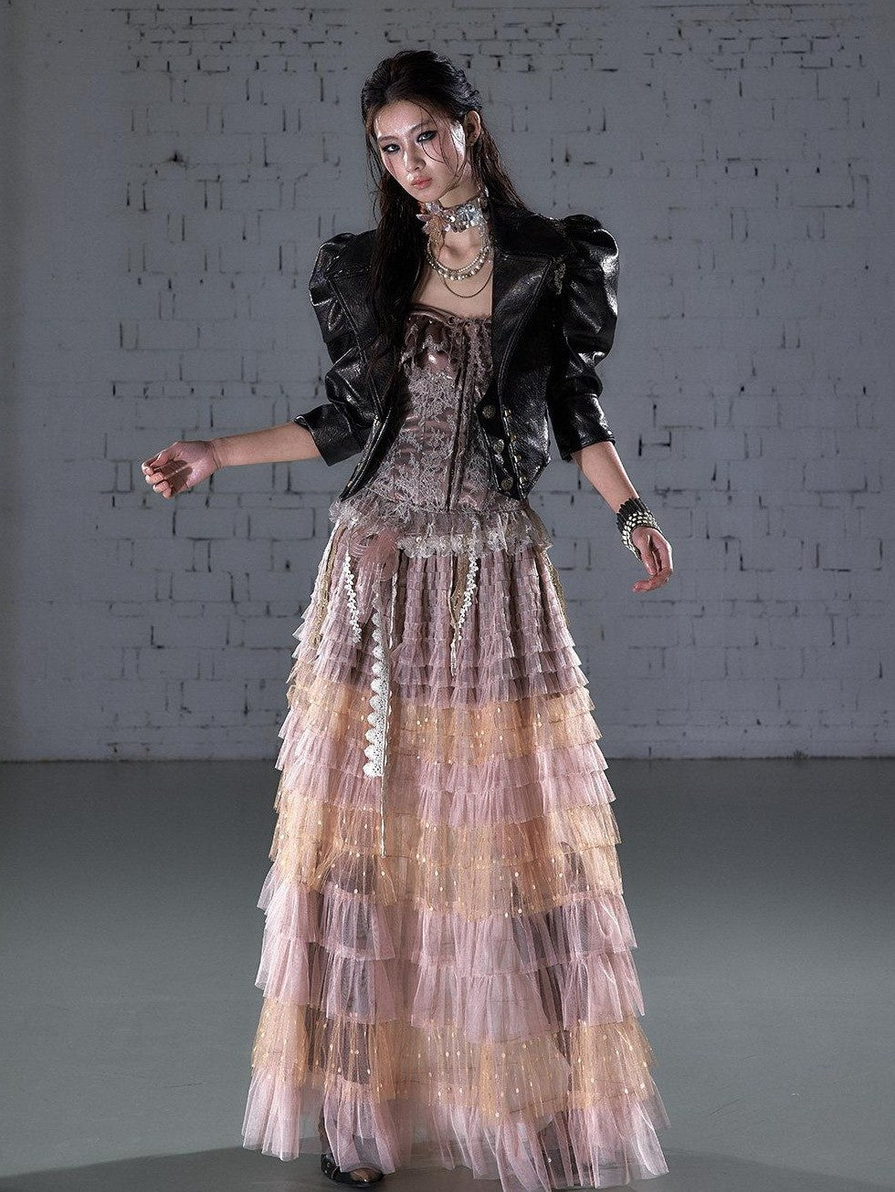 NO ROMANCE Punk Studded Metal Embellished Bubble Sleeve Cropped Women&
