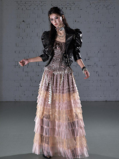 NO ROMANCE Punk Studded Metal Embellished Bubble Sleeve Cropped Women&