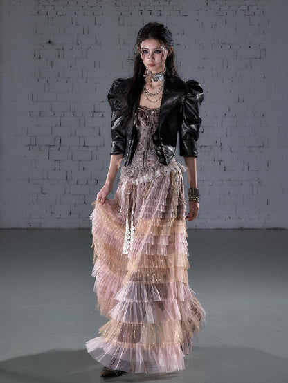 NO ROMANCE Punk Studded Metal Embellished Bubble Sleeve Cropped Women&