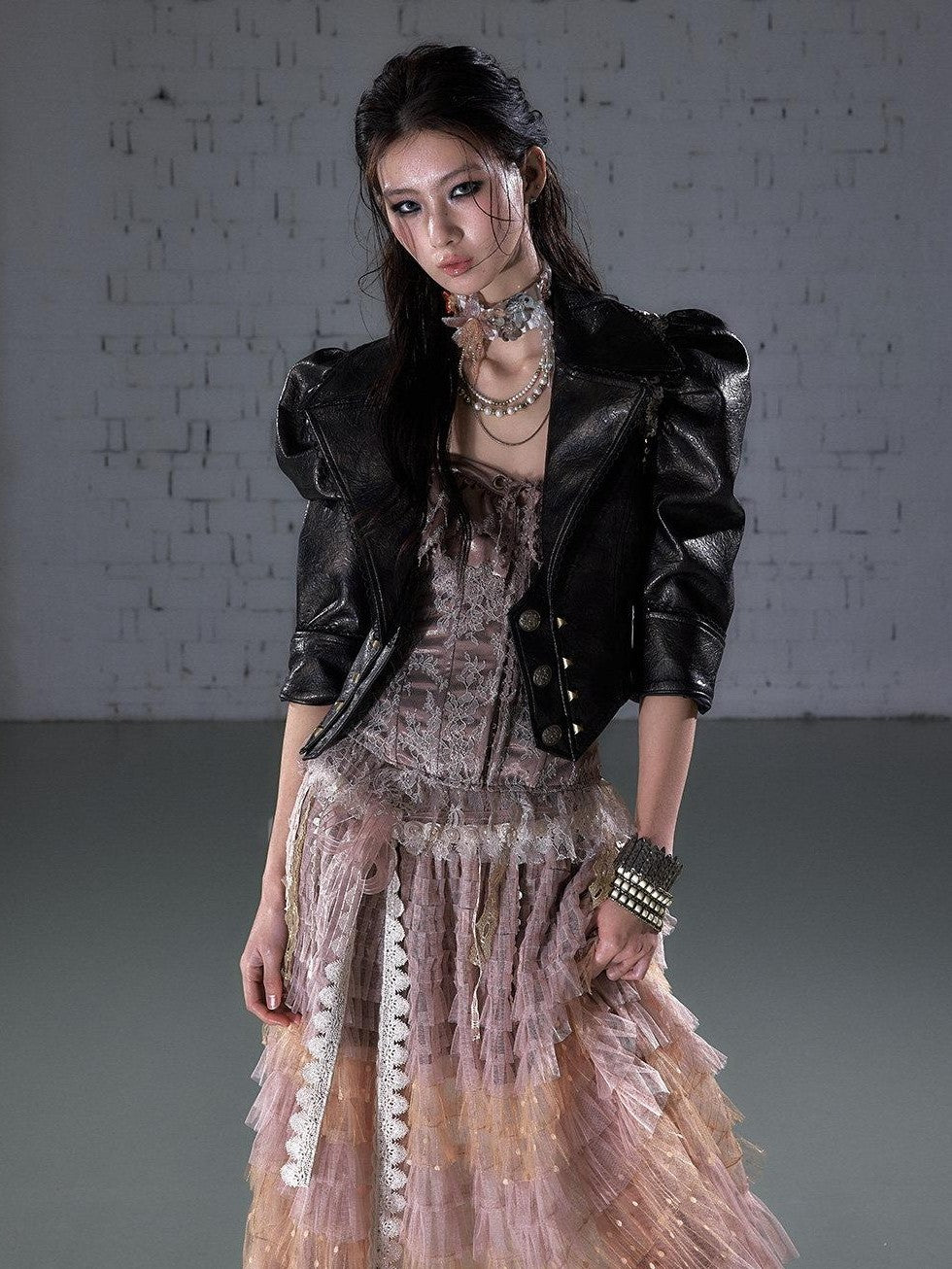NO ROMANCE Punk Studded Metal Embellished Bubble Sleeve Cropped Women&