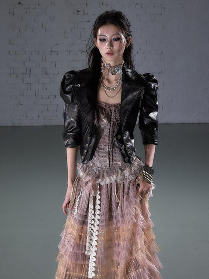 NO ROMANCE Punk Studded Metal Embellished Bubble Sleeve Cropped Women&
