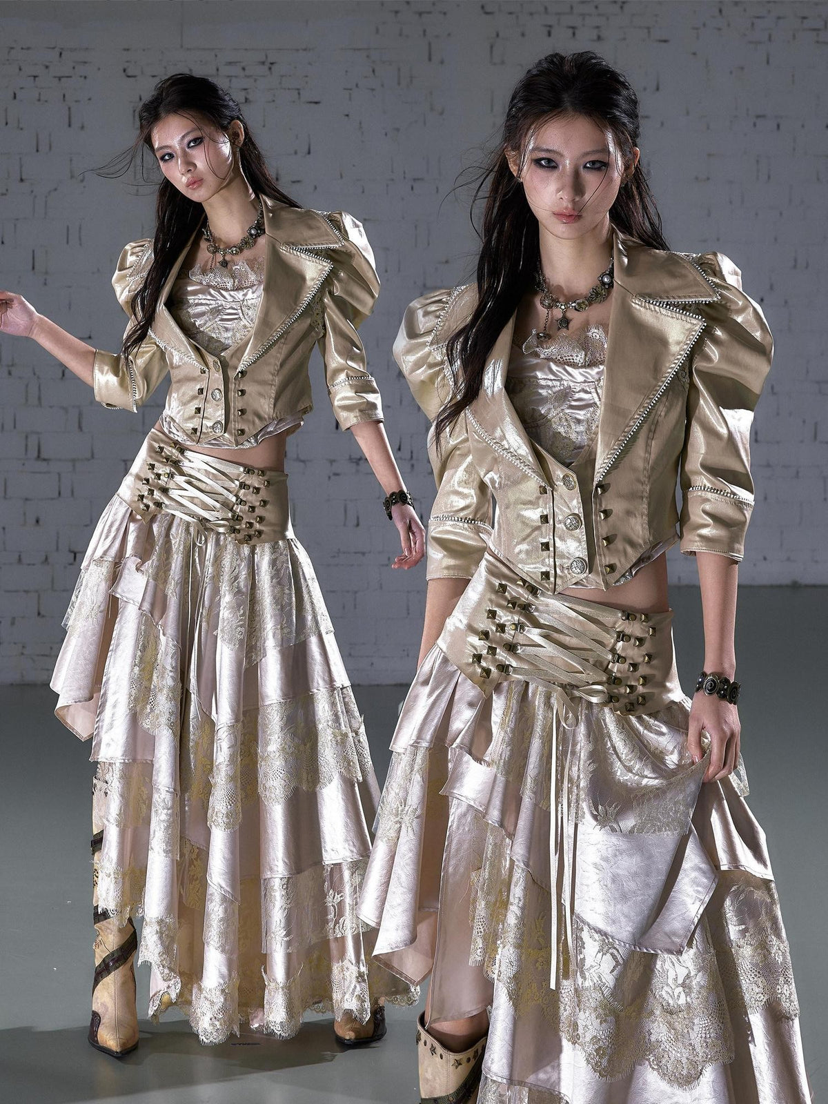 NO ROMANCE Punk Studded Metal Embellished Bubble Sleeve Cropped Women&