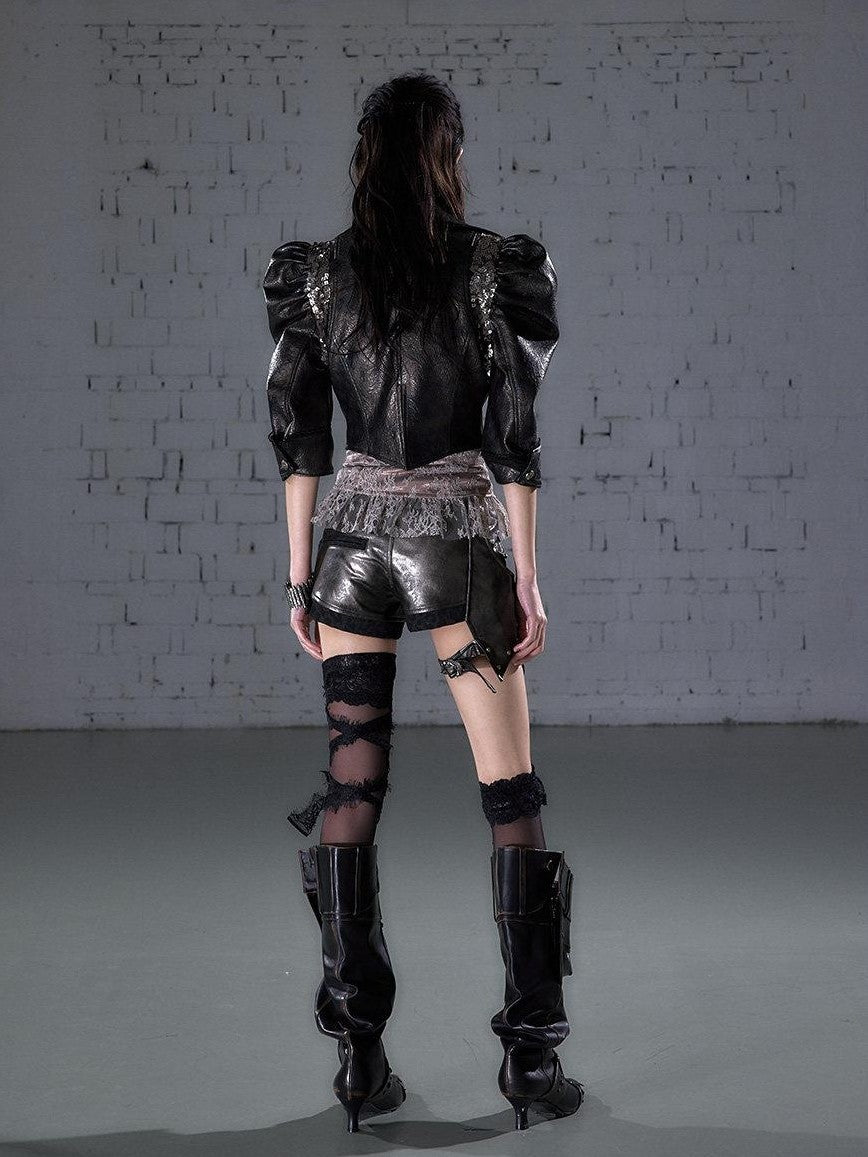 NO ROMANCE Punk Studded Metal Embellished Bubble Sleeve Cropped Women&