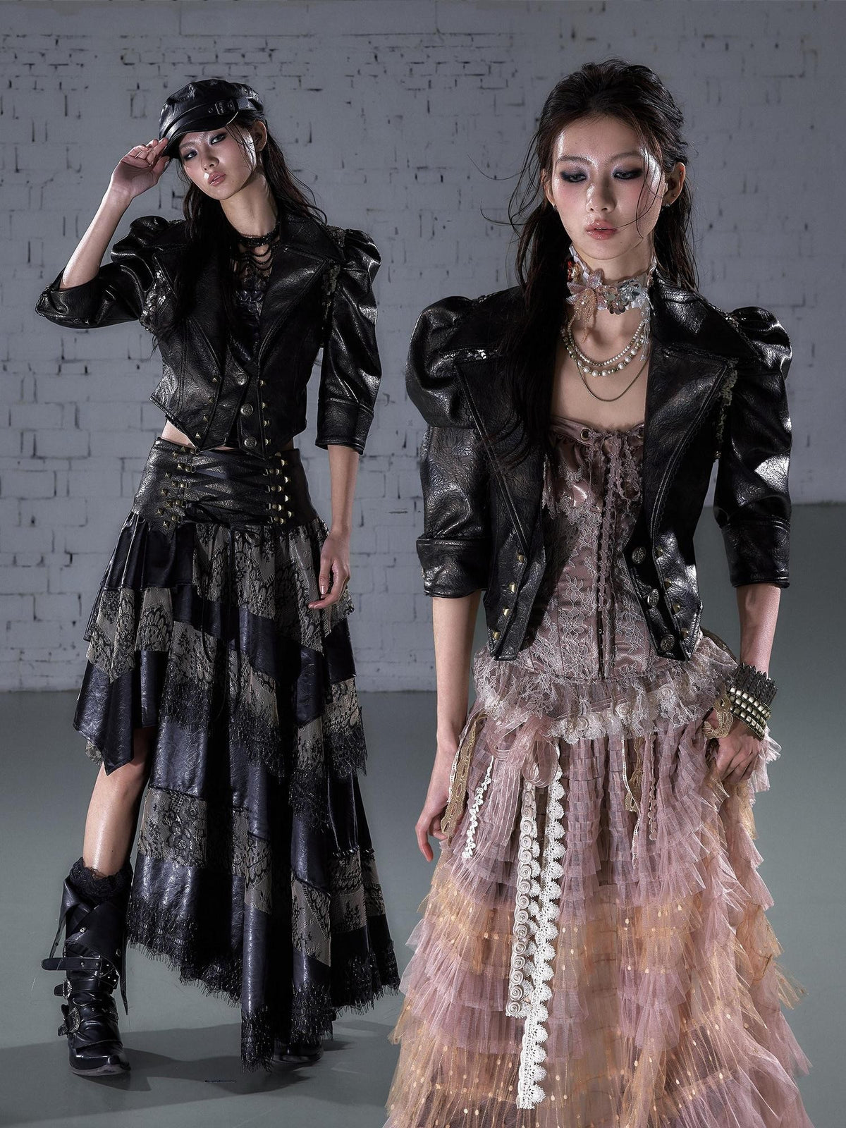 NO ROMANCE Punk Studded Metal Embellished Bubble Sleeve Cropped Women&