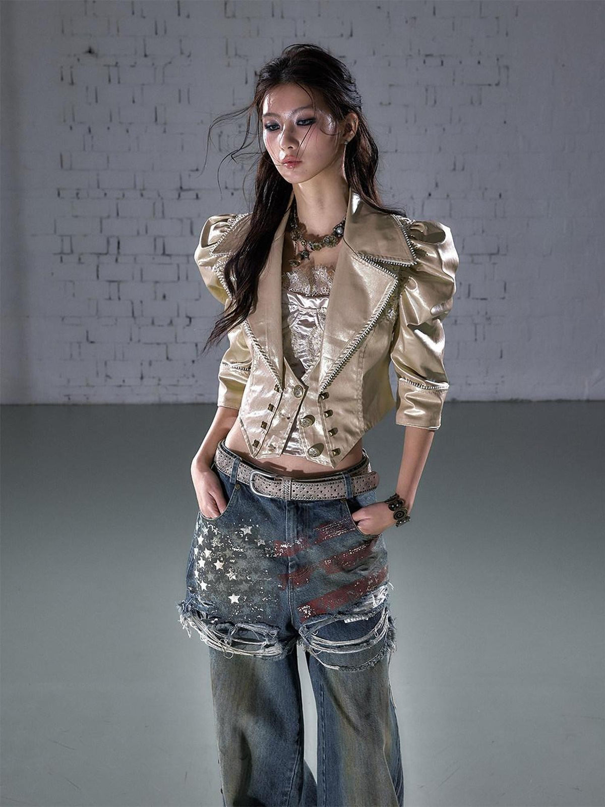NO ROMANCE Punk Studded Metal Embellished Bubble Sleeve Cropped Women&
