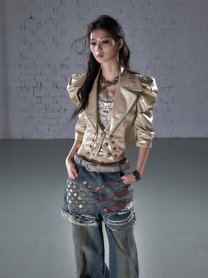 NO ROMANCE Punk Studded Metal Embellished Bubble Sleeve Cropped Women&