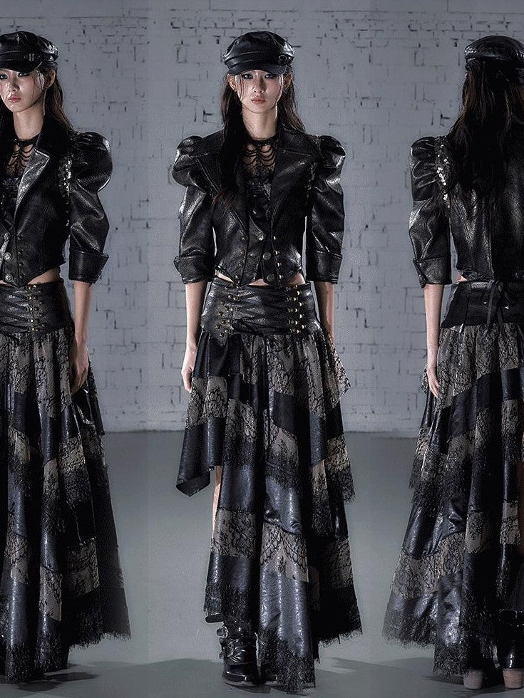 NO ROMANCE Punk Studded Metal Embellished Bubble Sleeve Cropped Women&