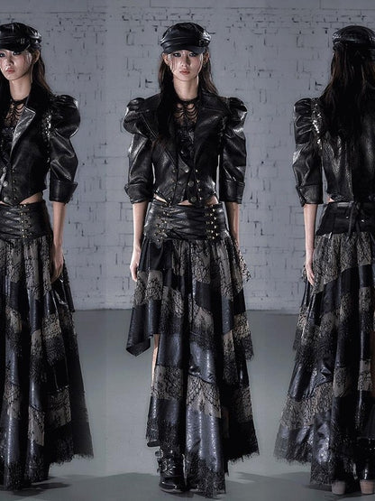 NO ROMANCE Punk Studded Metal Embellished Bubble Sleeve Cropped Women&