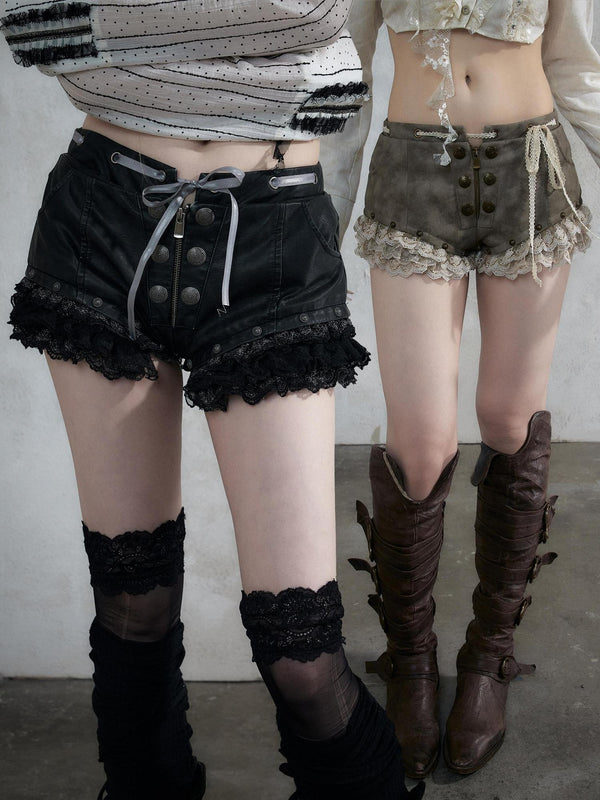 Punk Vintage Lace Trim Low Waist Slim Women's Washed Pu Hot Pants