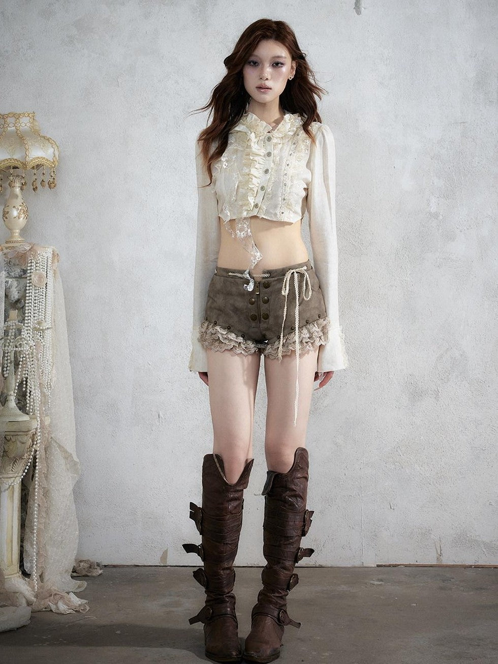 NO ROMANCE Punk Vintage Lace Trim Low Waist Slim Women&