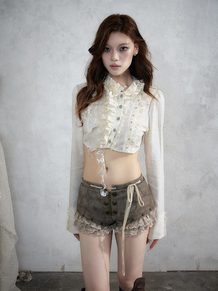 NO ROMANCE Punk Vintage Lace Trim Low Waist Slim Women&