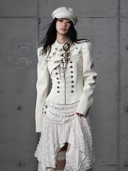 NO ROMANCE Punk Wrinkled Stand Collar Cropped Pu Women&