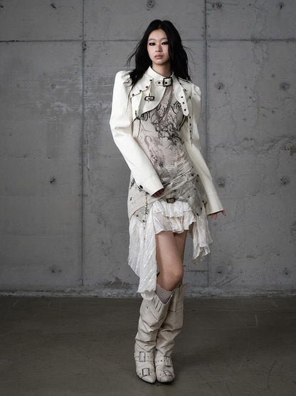 NO ROMANCE Punk Wrinkled Stand Collar Cropped Pu Women&
