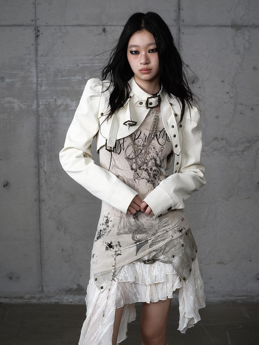 NO ROMANCE Punk Wrinkled Stand Collar Cropped Pu Women&