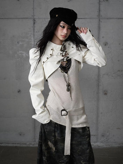 NO ROMANCE Punk Wrinkled Stand Collar Cropped Pu Women&