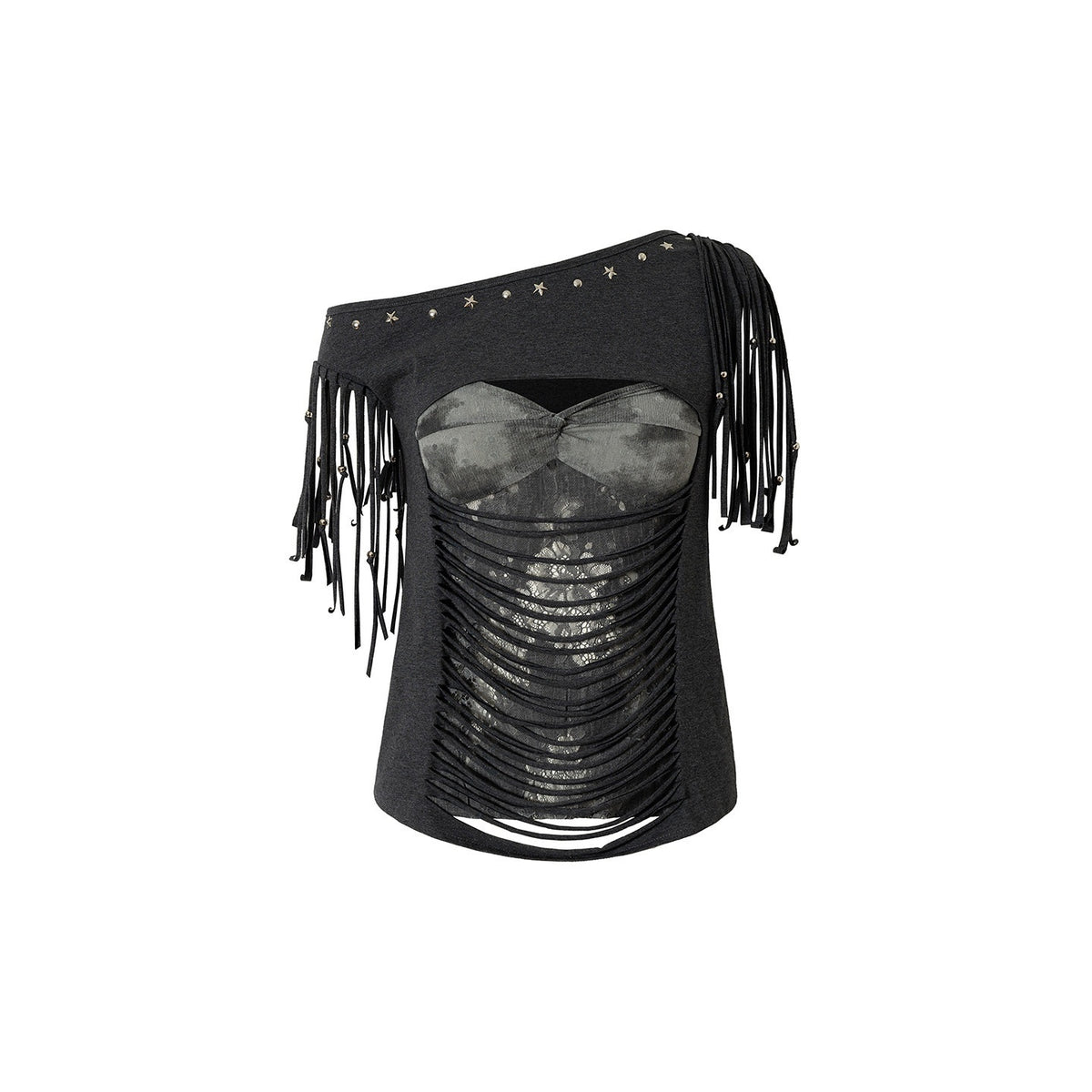 NO_ROMANCE_Punk_Y2k_Lace_Fringe_Beaded_Asymmetric_One_Shoulder_Women&