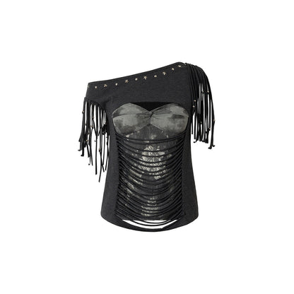 NO_ROMANCE_Punk_Y2k_Lace_Fringe_Beaded_Asymmetric_One_Shoulder_Women&