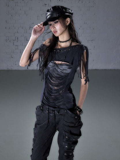 NO ROMANCE Punk Y2k Lace Fringe Beaded Asymmetric One Shoulder Women&